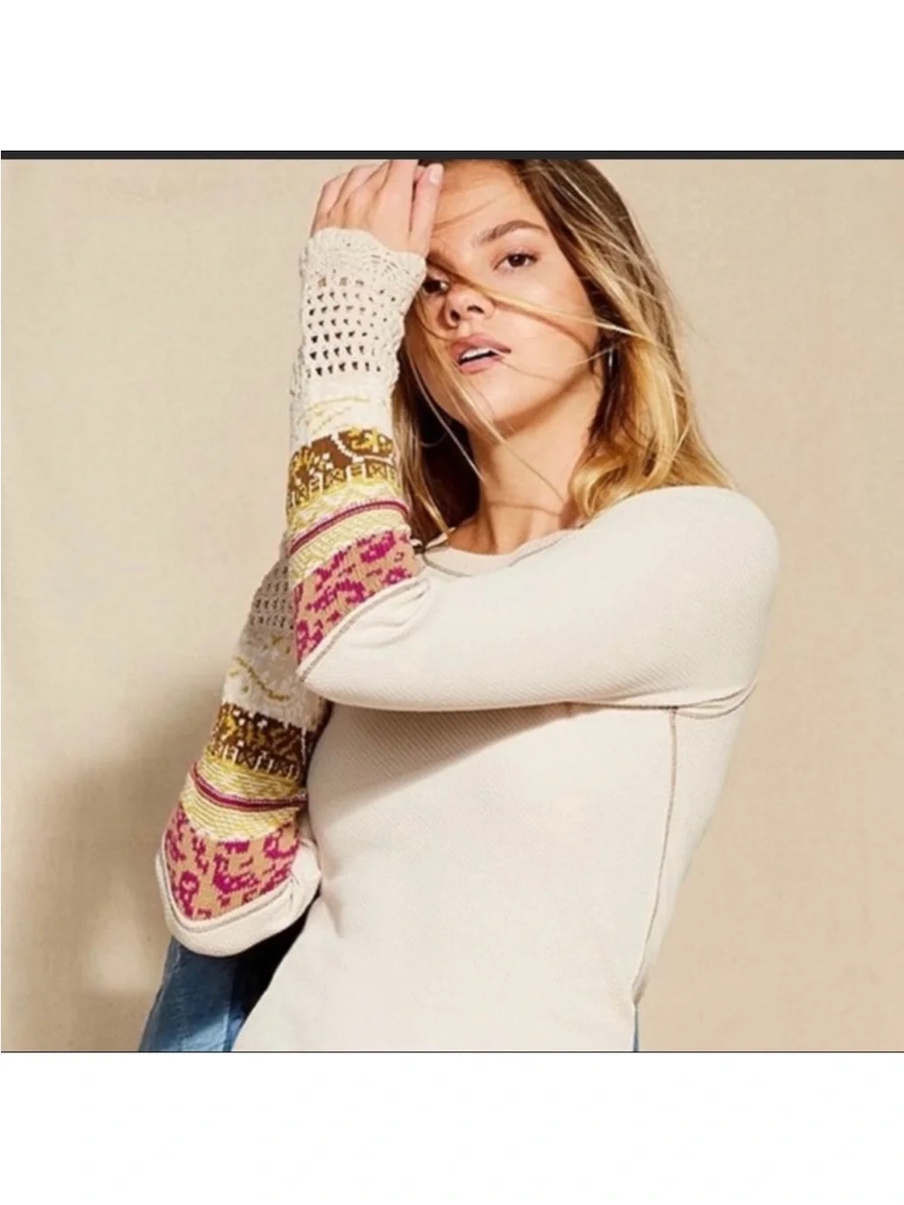 NFS Free People In The Mix Cuff Thermal Top Cream Linen Combo Knit Sz Small